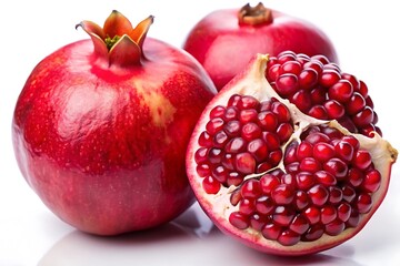 A close-up of a red pomegranate cut open, revealing its juicy seeds. A whole pomegranate sits beside it, with several seeds scattered on the white background.