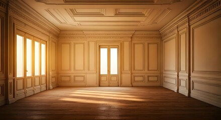 A luxurious empty room with high ceilings, wainscoted walls, and soft golden sunlight streaming in, Ai generated