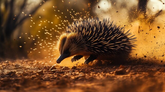Echidna digging into dry reddish brown Australian soil creating dynamic high energy composition Tiny particle of dirt scatter mid air frozen time high speed shutter emphasizing movement interaction