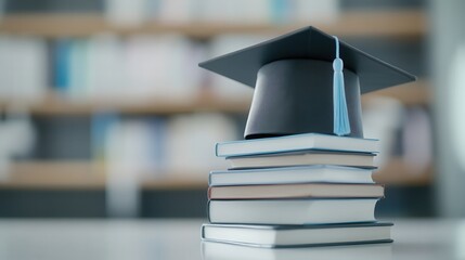 A graduation cap placed on top of a stack of books, symbolizing the value of knowledge, education, and academic achievement, illustrating graduation, student accomplishments, and lifelong learning