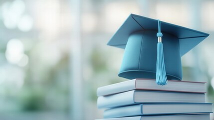 A graduation cap placed on top of a stack of books, symbolizing the value of knowledge, education, and academic achievement, illustrating graduation, student accomplishments, and lifelong learning