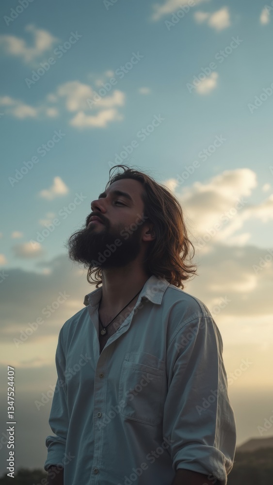 Aufkleber man with a beard and a white shirt is standing in a field with a cloudy sky in the background