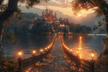 Naklejka premium Enchanting Castle View Across Lake with Illuminated Pathway at Dusk