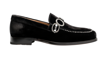 Elegant black velvet loafer with silver buckle on transparent background