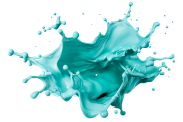 Turquoise paint splash with droplets suspended, cut out transparent