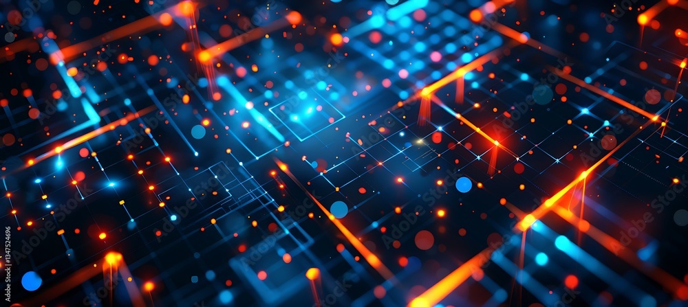 Poster backdrop featuring intersecting squares with neon blue and orange accents – empty template for web b