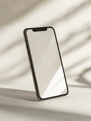 Sleek phone mockup standing on a glossy surface, reflecting soft light. Perfect for showcasing mobile apps, UI/UX design, or digital branding