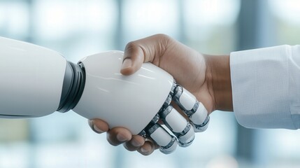 A human in a white shirt shakes hands with a humanoid robot in a bright, modern office setting symbolizing cooperation between people and advanced technology