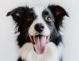 An adorable pup licking its mouth, anticipating a delicious treat. A humorous and charming pet on a simple white backdrop