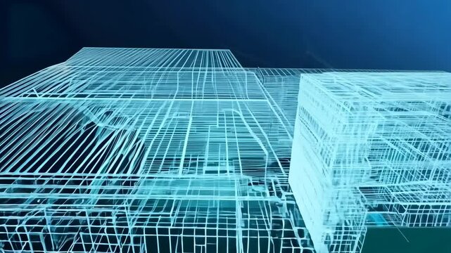 3D animation zooming into a building wireframe model with intricate structural details and futuristic design
