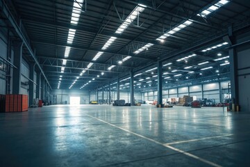 Large Empty Warehouse With Bright Overhead Lighting Generative AI