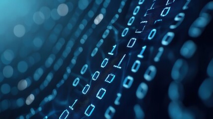 Binary code pulsing across dark background, representing data transmission in high-tech server or data center, symbolizes digital information, cybersecurity, the backbone of modern computing systems