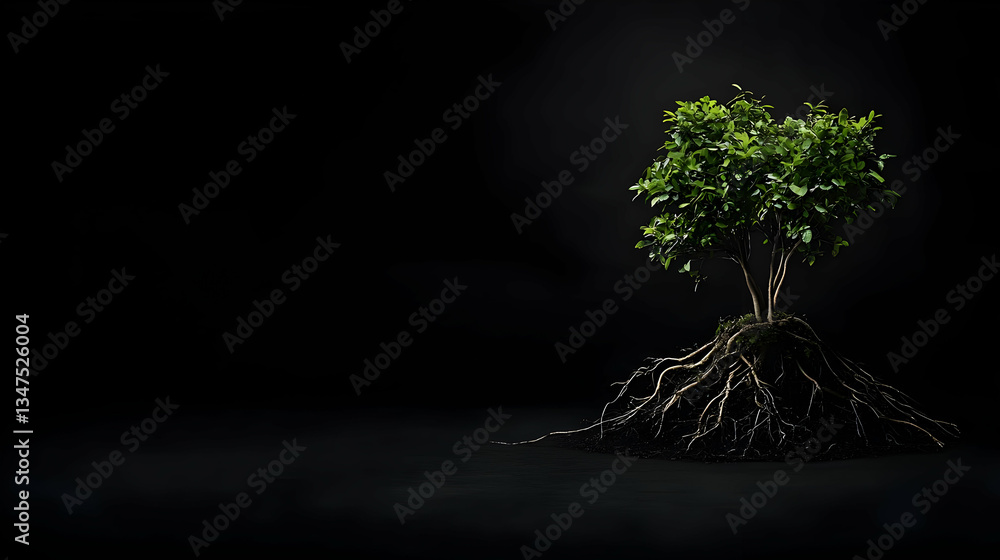 Poster isolated green tree illuminated against a dark black background showing root system with emphasis on
