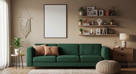 Modern Living Room Interior Design Emerald Green Sofa, Neutral Walls, and Stylish Decor