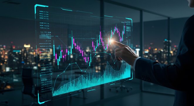 Investment analyst reviewing stock market trends at night in a modern office