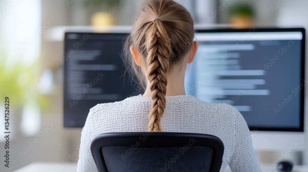 Wall mural woman working at monitor setup, displaying lines of code, represents software development, women in 