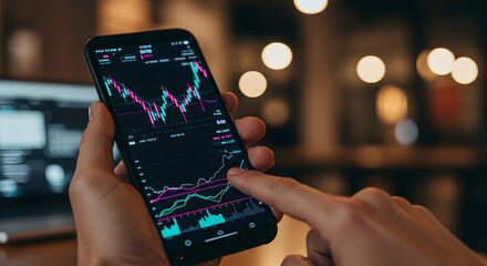 Market analysis on smartphone with stock trends displayed in cozy cafe setting