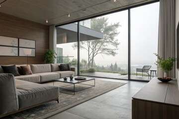 Fototapeta premium Modern Living Room With Panoramic View of Nature Generative AI