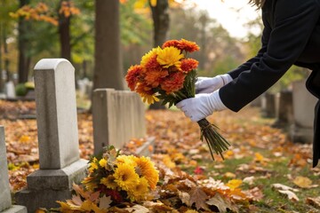 Family Member Honors Loved One With Flowers in Autumn Cemetery Generative AI