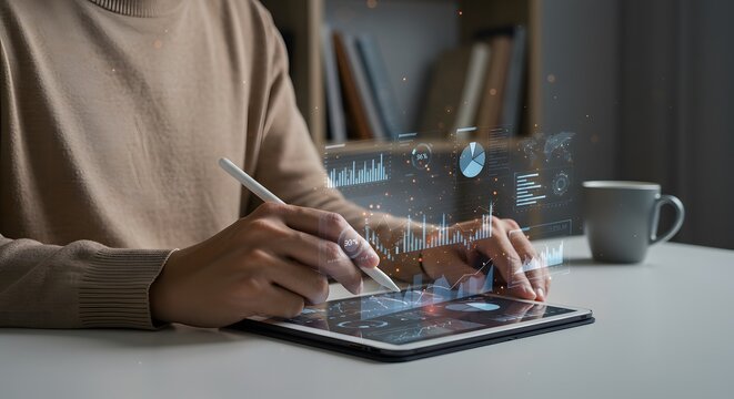 Professional using tablet to analyze data and create visual charts in a modern office setting