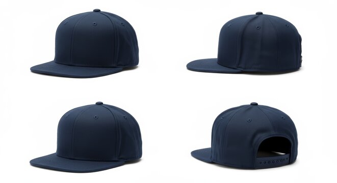 Isolated navy snapback baseball cap featuring multiple angled perspectives