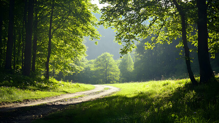 Fototapeta premium Sunlit Forest Path Through Lush Green Trees