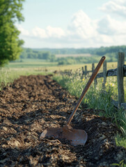 Shovel in plowed field with scenic countryside view