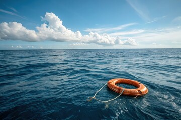 Fototapeta premium Lifebuoy Floats Calmly in Expansive Ocean Under Blue Sky Generative AI