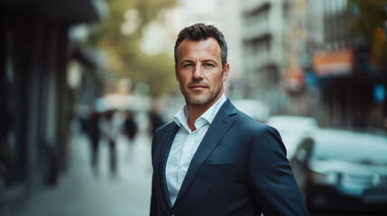 Fototapeta premium Portrait of middle age man in a business suit, standing confidently in an urban setting, blurred cityscape background, professional demeanor, looking directly at camera