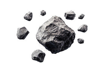 Collection gray asteroid rocks in cosmic space, cut out transparent