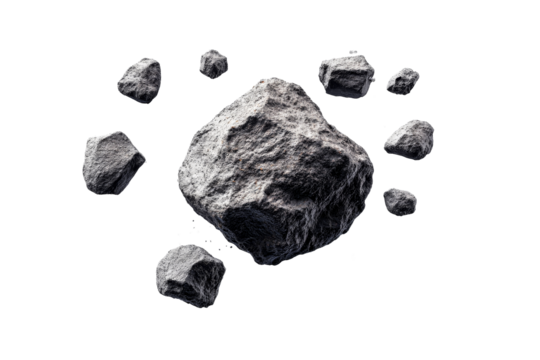 Collection gray asteroid rocks in cosmic space, cut out transparent
