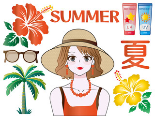 夏■麦わら帽子の女性とハイビスカス＆夏素材のイラスト