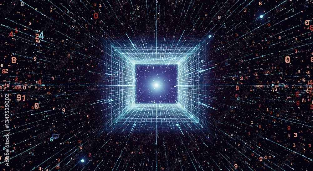Poster glowing square grid tunnel data stream moving towards light cyberspace digital perspective view