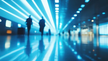 Blurred airport corridor with people walking and blue light reflections on the floor.