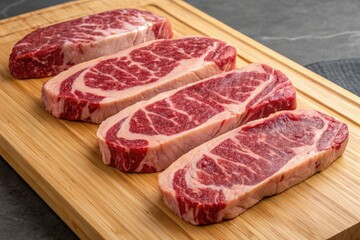 Fototapeta premium High-quality Cuts of Beef Resting on a Wooden Board Generative AI
