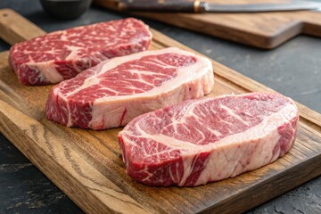 Freshly Cut Ribeye Steaks Displayed on a Wooden Board Generative AI