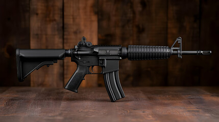 Black Assault Rifle Displayed on a Textured Brown Wooden Surface with Direct Lighting and Detailed Weaponry Presentation