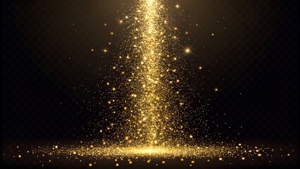 Golden glitter or sparkles cascade down from above against a dark, transparent background, creating a magical and celebratory effect