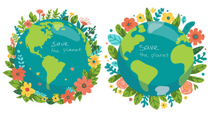 Green planet Earth in flat design on white background. Save the planet, save the earth, save the world. Vector illustration.