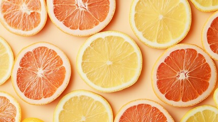 Fresh citrus pattern with sliced grapefruit and lemon on peach background