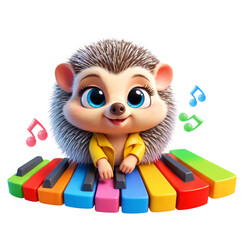 Cute hedgehog. Artificial Intelligence. Funny Illustration. 3D Character. Cartoon 3D. character. Hedgehog piano, music. notes.