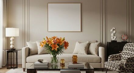 Elegant Living Room Interior Design with Beige Sofa and Orange Flowers