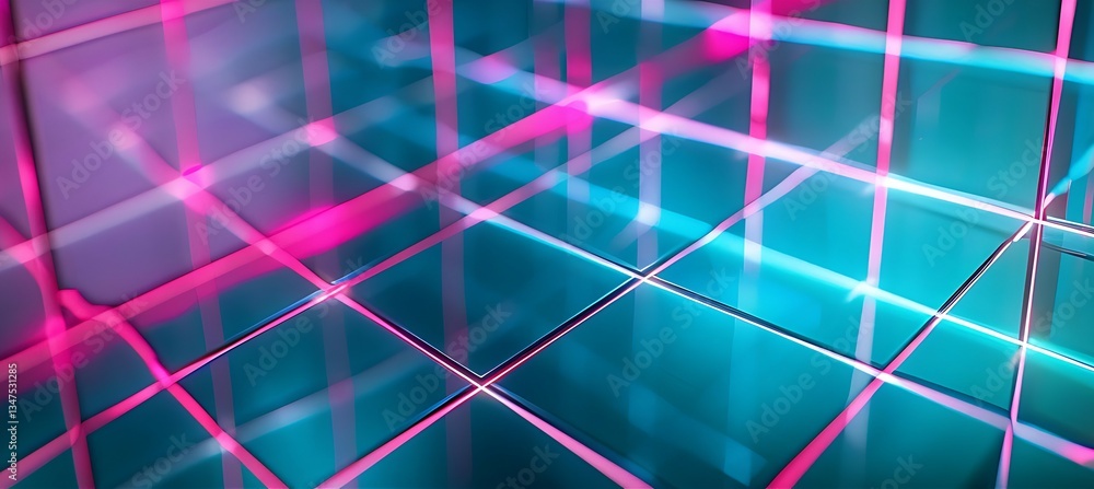 Poster backdrop featuring intersecting squares with neon maroon and aquamarine accents – empty template for