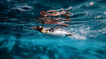 Obraz premium Penguin Swimming Underwater In Deep Blue Water