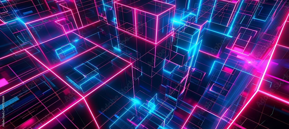Poster backdrop featuring intersecting squares with neon maroon and aquamarine accents – empty template for