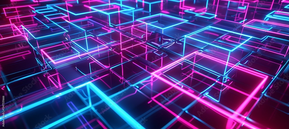 Poster background of intersecting squares with neon accents in maroon and aquamarine – empty template for w