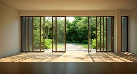 Obraz premium A semi-outdoor empty room with large glass doors opening to a garden, dappled shadows inside, AI Generated