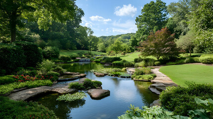 Lush Green Garden Landscape Featuring Pond Trees and Sunlight Reflection Creating Tranquil and Natural Environment