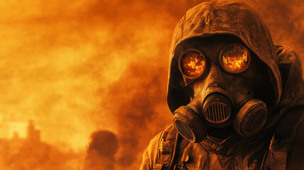 Post-apocalyptic survivor in gas mask and hooded suit with fiery reflection in goggles, standing in a dystopian burning landscape