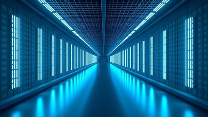 Fototapeta premium Futuristic Sci-Fi Corridor | Symmetrical High-Tech Hallway with Blue Neon Lights & Reflective Floor